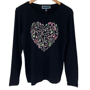 Karen Scott Love Heart Winter Graphic Long Sleeve T-Shirt Women Small Deep Black